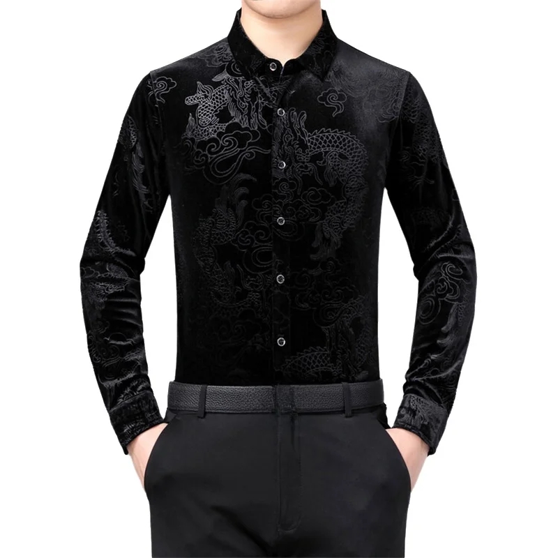 Men Formal Party Wear Shirt - Herren-Langarmhemd mit chinesischem Drachenmuster, traditioneller orientalischer