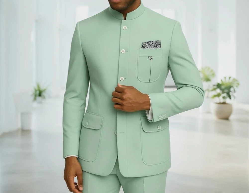 Men Formal Wear Office - Safari Herrenanzüge Premium Hellgrüner Stehkragen Safari-Anzug