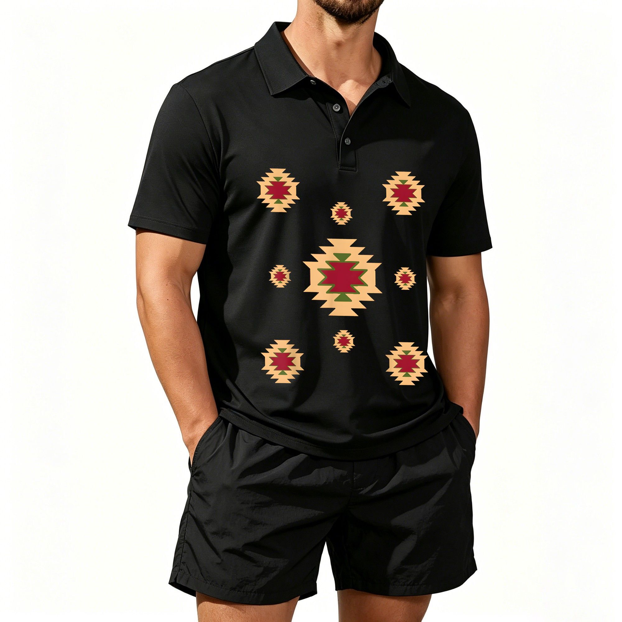 Men'S Ethnic & Formal Designer Wear Studio S - Herren Kurzarm-Poloshirt-Set, Western-Azteken Geometrischer Ethnischer Stil,