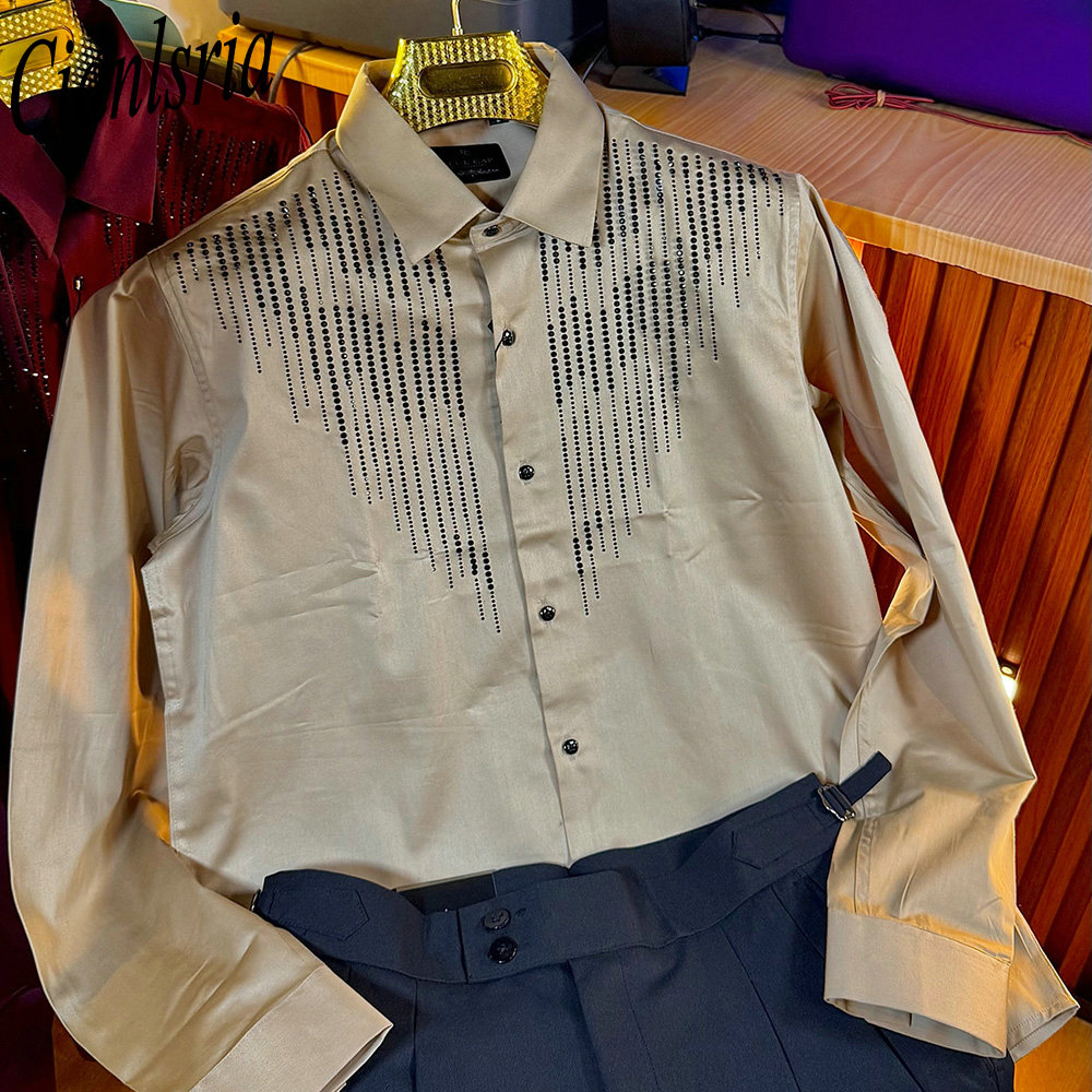 Men Formal Party Wear Shirt - Herren Luxus Vertikales Strass-Langarmhemd mit Reverskragen,
