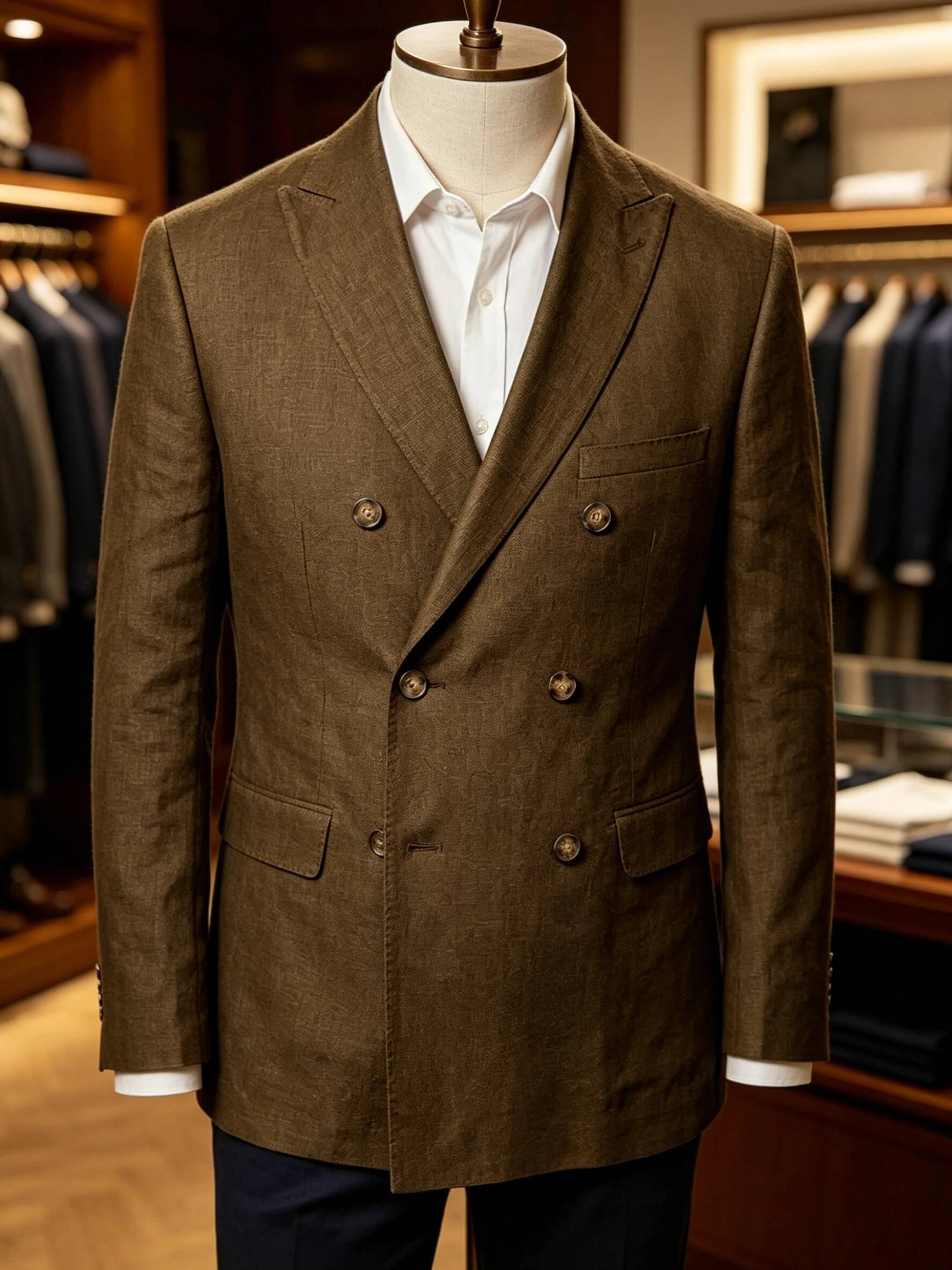 Men Formal Wear Brown - Herren Sport-Sakko Sommer Zweireihiger Leinen-Blazer Slim