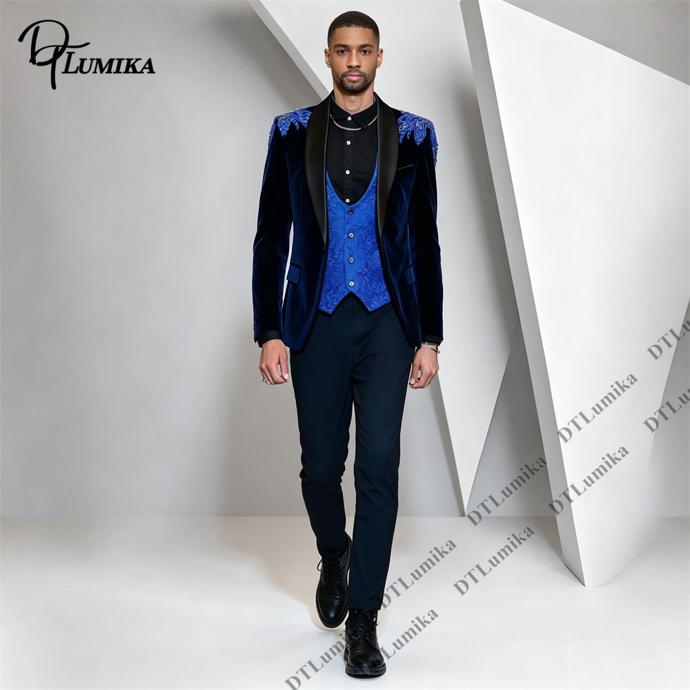 Men Formal Wear Office - Peagent Herren 3-teiliger Samtanzug, schwarzer Satin-Revers,